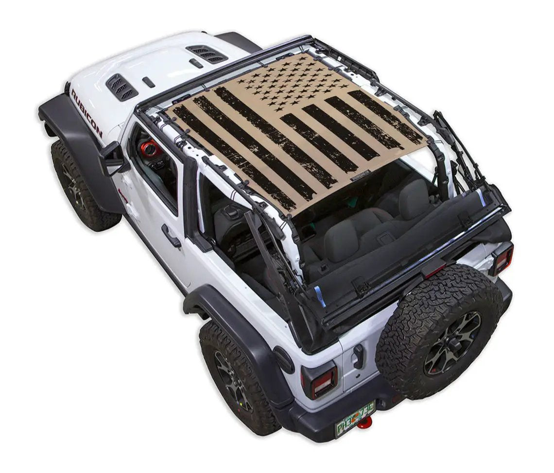 Sun shade for Jeep Wrangler JL 2-Door by SpiderWebShade, tan/black distressed flag print