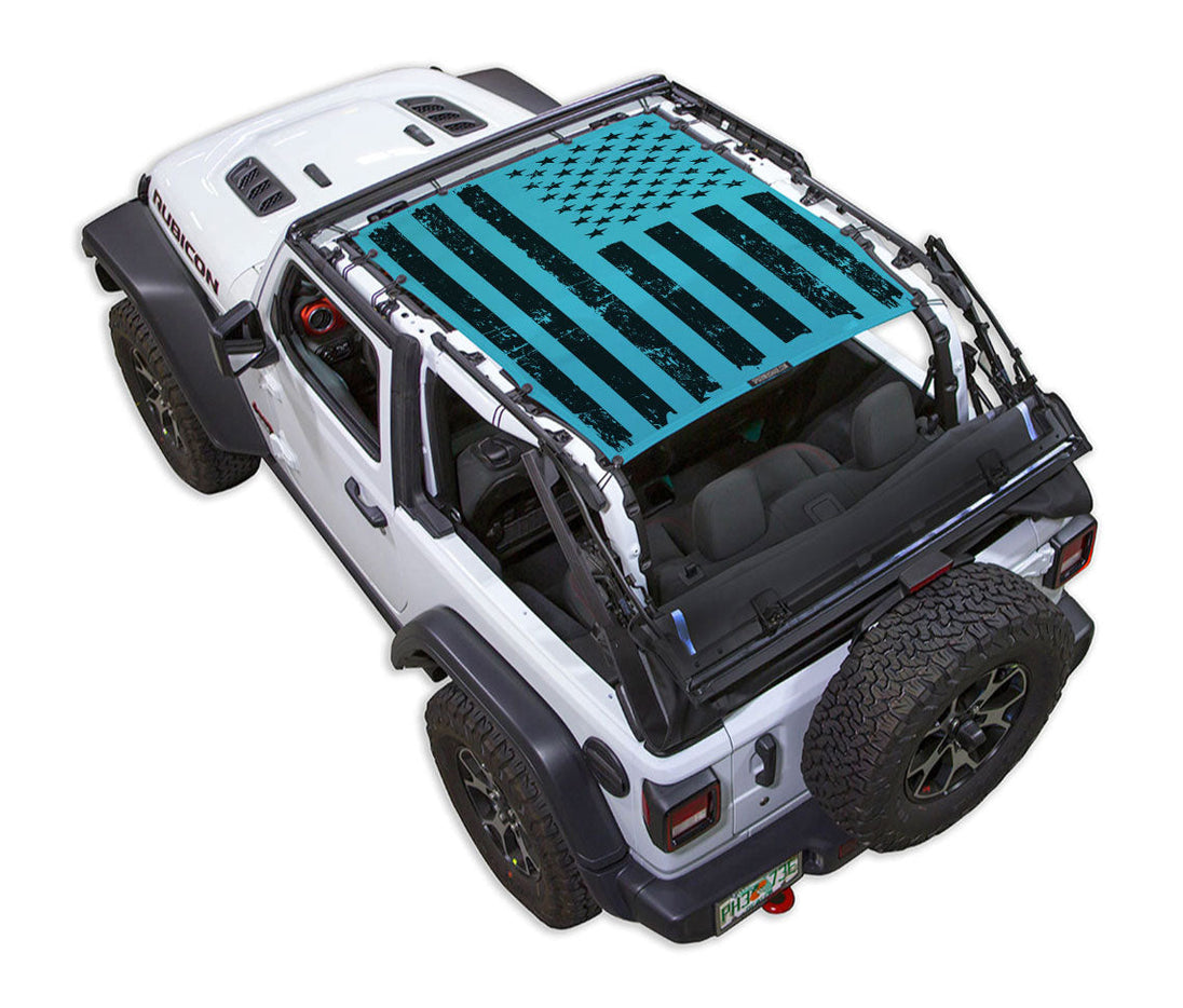 SpiderWebShade Sun Shade for Jeep Wrangler JL 2-Door with blue Stars & Stripes flag print