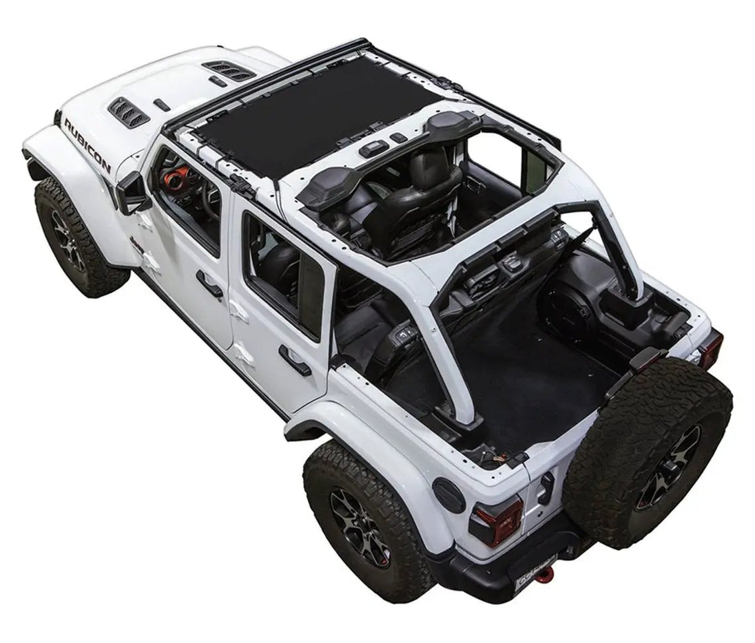 Sun shade top for Jeep Wrangler JLU 4-Door by SPIDERWEBSHADE, solid black shade installed