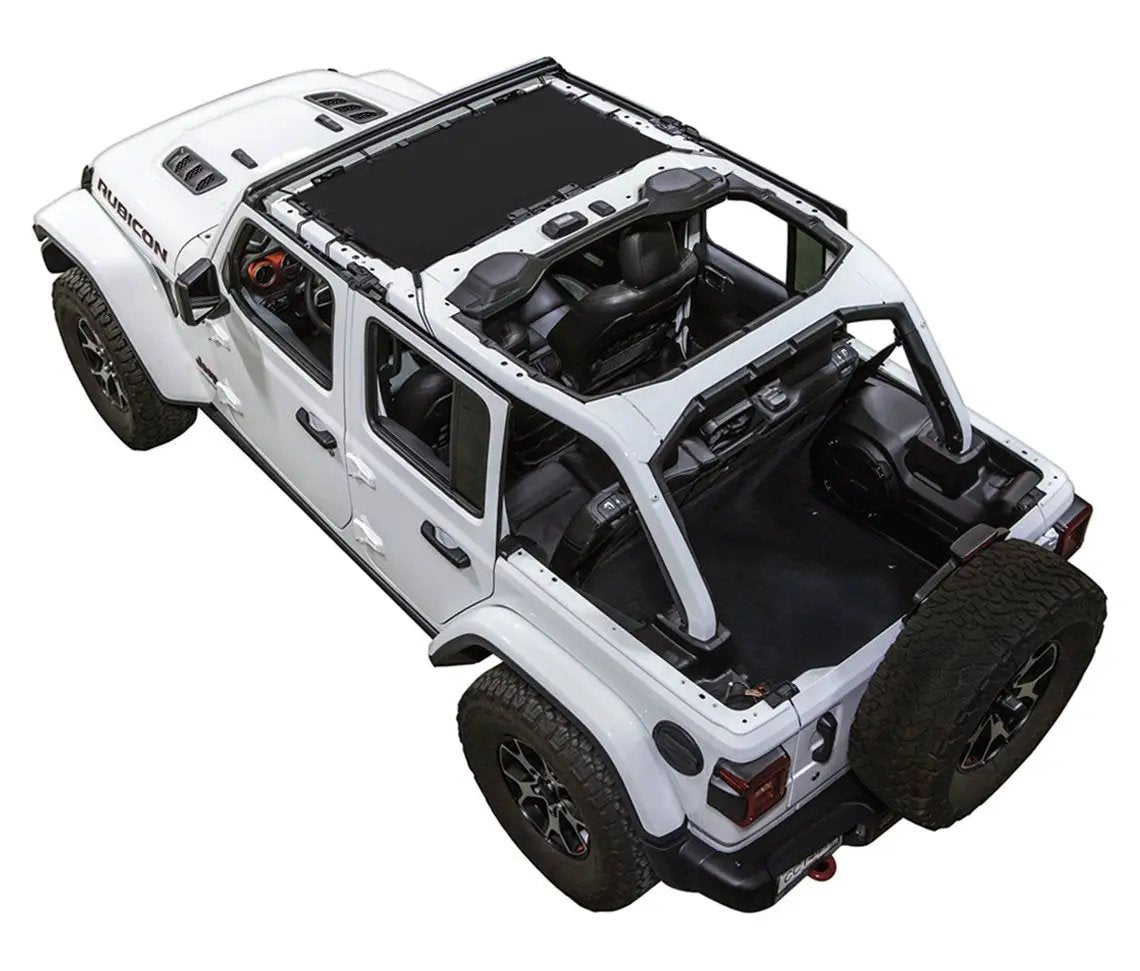Sun shade top for Jeep Wrangler JLU 4-Door by SPIDERWEBSHADE, solid black shade installed
