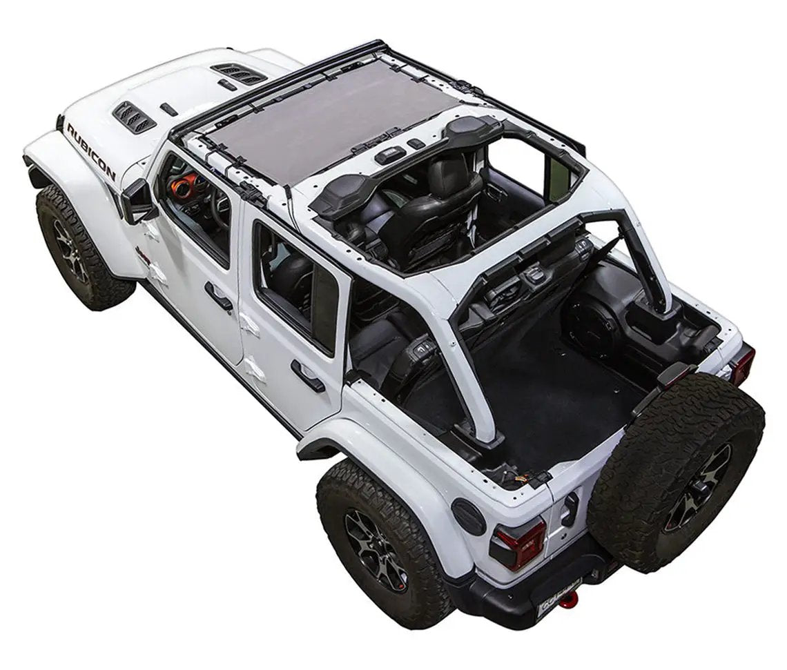 Sun shade top for Jeep Wrangler JLU 4-Door by SpiderWebShade; solid color shade over roll bars