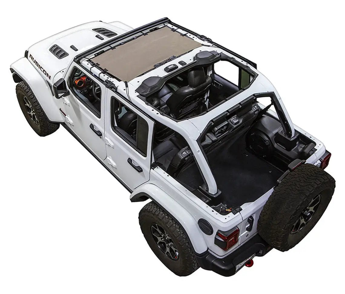 Sun shade for Jeep Wrangler JLU 4-Door by SpiderWebShade, tan solid shade top.