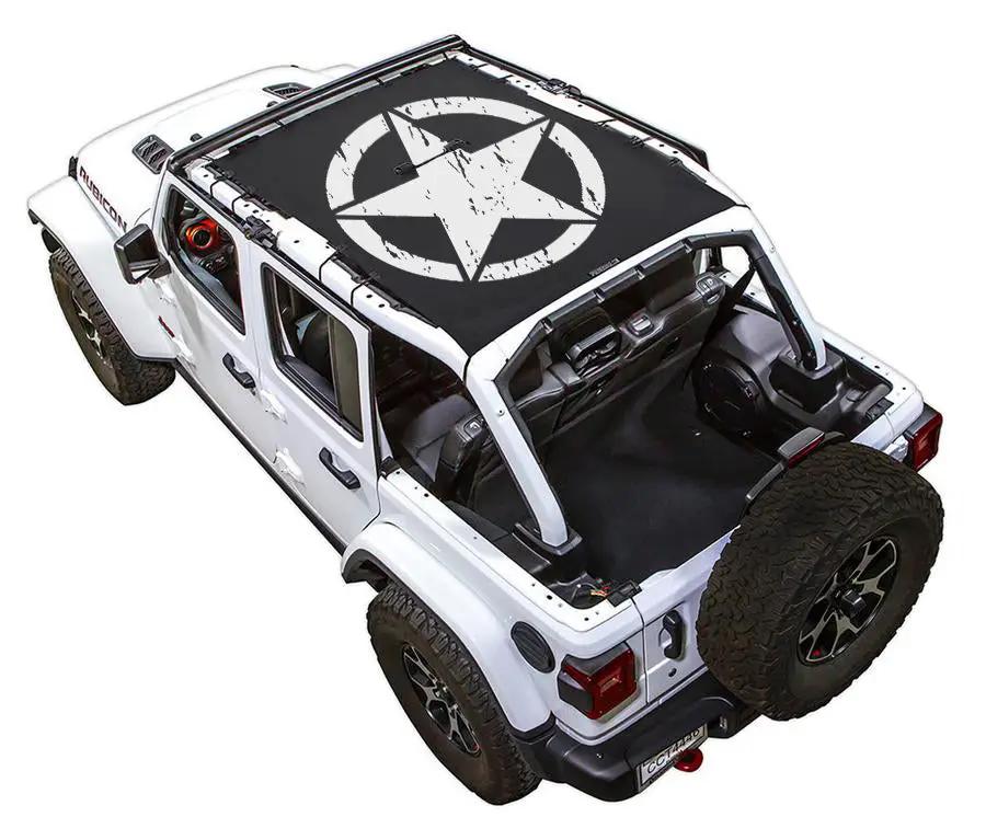 SpiderWebShade sun shade for Jeep Wrangler JLU 4-Door, black stock-printed top with white star logo