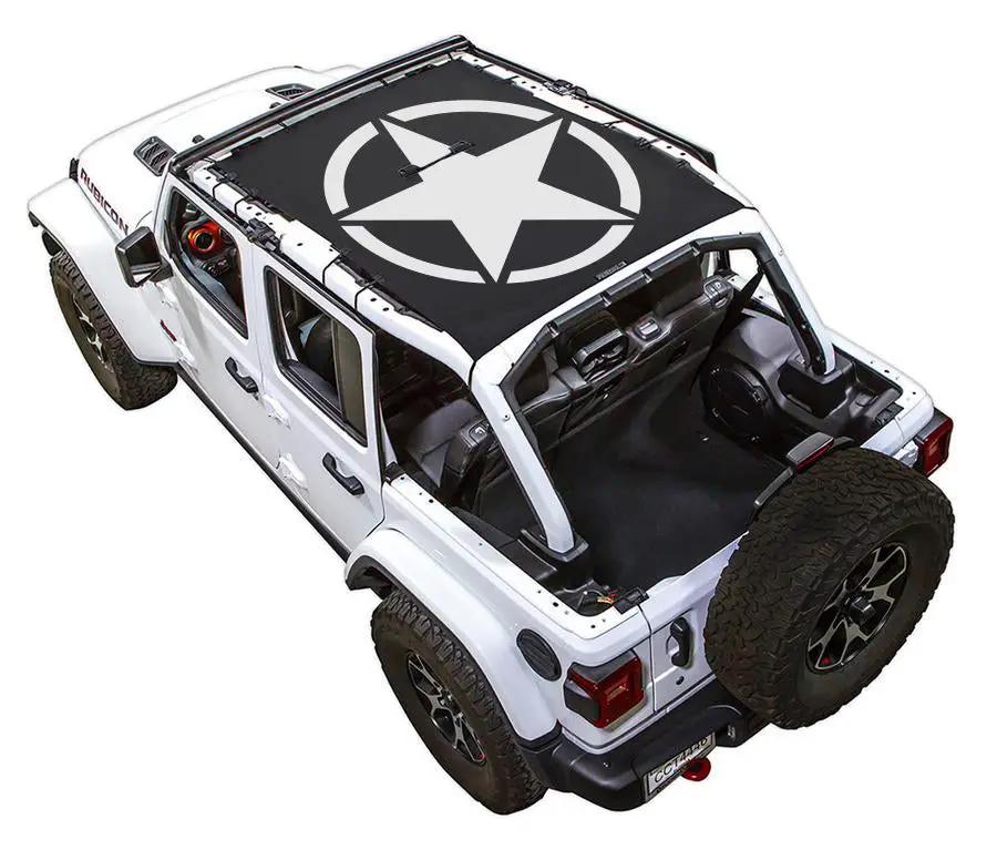 Sun Shade for Jeep Wrangler JLU 4-Door by SpiderWebShade; stock-printed top, black with white star logo