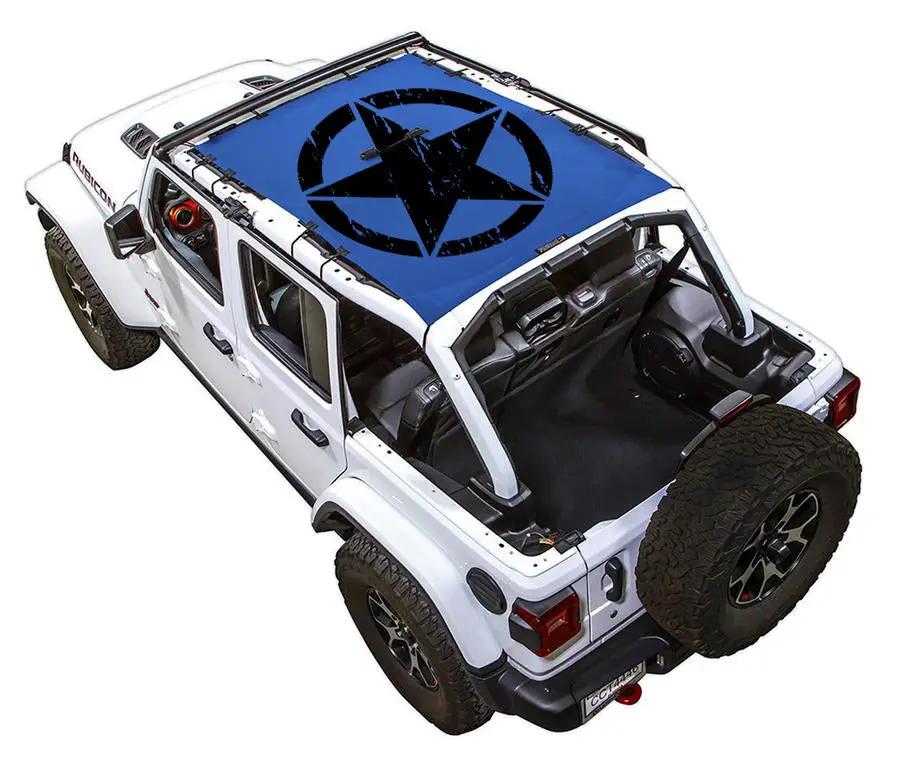 Sun Shade SpiderWebShade for Jeep Wrangler JLU 4-Door (2018–2026); blue shade with black star logo