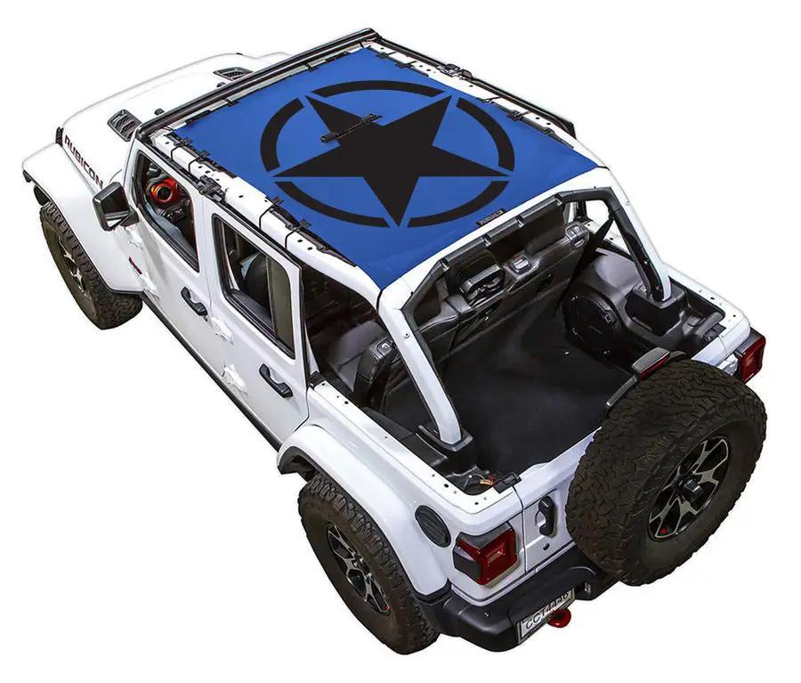 Sun shade for Jeep Wrangler JLU 4-Door by SpiderWebShade; blue stock-printed top with black star logo.