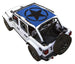 Sun shade for Jeep Wrangler JLU 4-Door by SpiderWebShade; blue stock-printed top with black star logo.