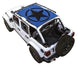 Sun shade for Jeep Wrangler JLU 4-Door by SpiderWebShade; blue stock-printed top with black star logo.