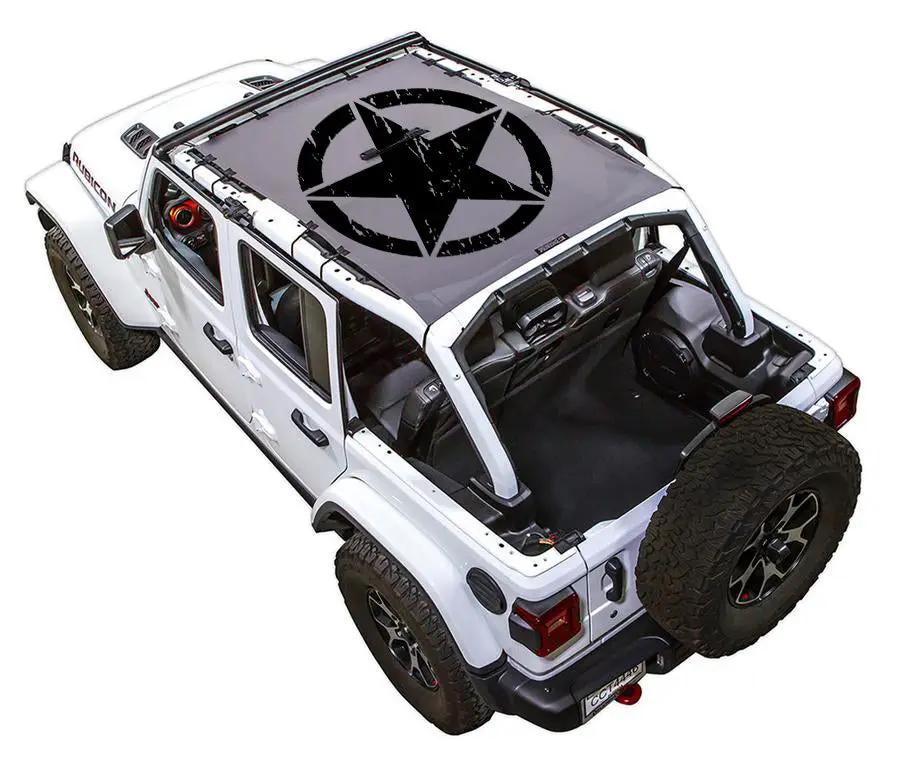Sun Shade for Jeep Wrangler JLU 4-Door by SPIDERWEBSHADE; white Jeep with stock printed shade top and black star logo.