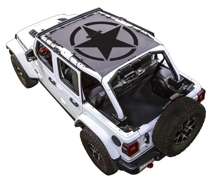 Sun shade for Jeep Wrangler JLU 4-Door by SpiderWebShade; gray stock print with a large black star emblem
