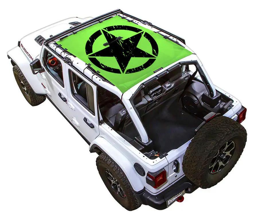 Sun shade for Jeep Wrangler JLU 4-Door by SpiderWebShade; bright green top with black star logo.