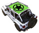 Sun shade for Jeep Wrangler JLU 4-Door by SpiderWebShade; bright green top with black star logo.