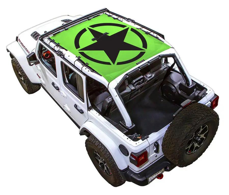 SPIDERWEBSHADE sun shade for Jeep Wrangler JLU 4-Door; neon green printed top with black star logo