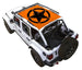 SpiderWebShade sun shade for Jeep Wrangler JLU 4-Door, orange printed top with black star emblem