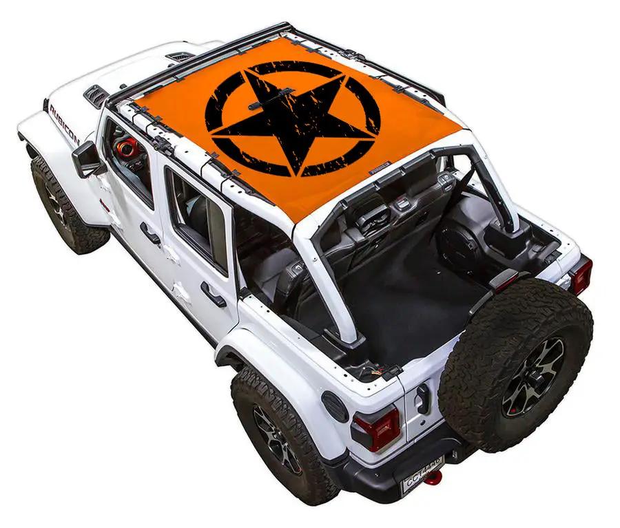 SpiderWebShade sun shade for Jeep Wrangler JLU 4-Door, orange printed top with black star emblem