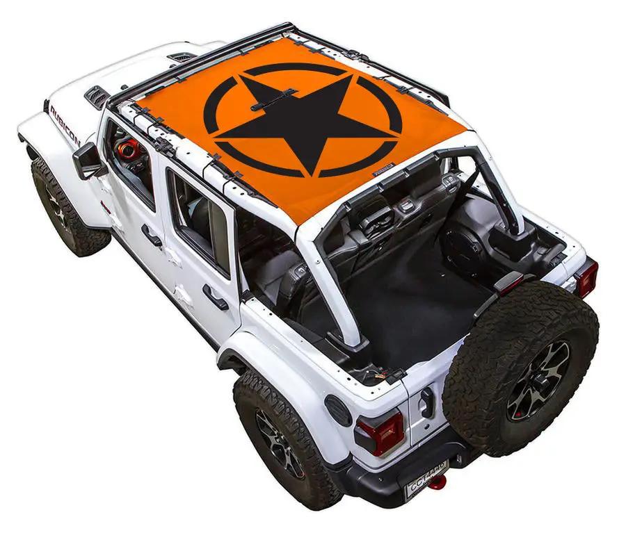 Sun shade top for Jeep Wrangler JLU 4-Door, orange printed SpiderWebShade design with a black star logo