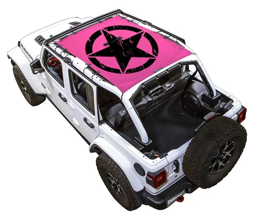 Sun shade for Jeep Wrangler JLU 4-Door by SPIDERWEBSHADE; pink printed shade top with black star emblem.
