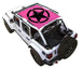 Sun shade for Jeep Wrangler JLU 4-Door by SPIDERWEBSHADE; pink printed shade top with black star emblem.