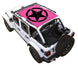 Sun shade for Jeep Wrangler JLU 4-Door by SPIDERWEBSHADE; pink printed shade top with black star emblem.