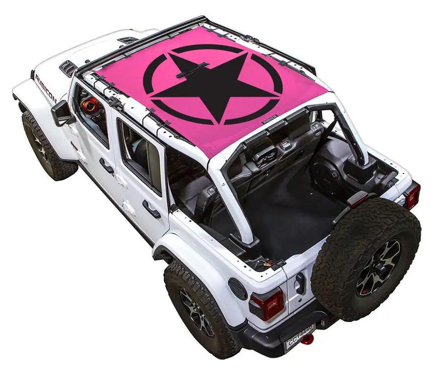 SPIDERWEBSHADE sun shade for Jeep Wrangler JLU 4-Door; pink printed top with black star emblem
