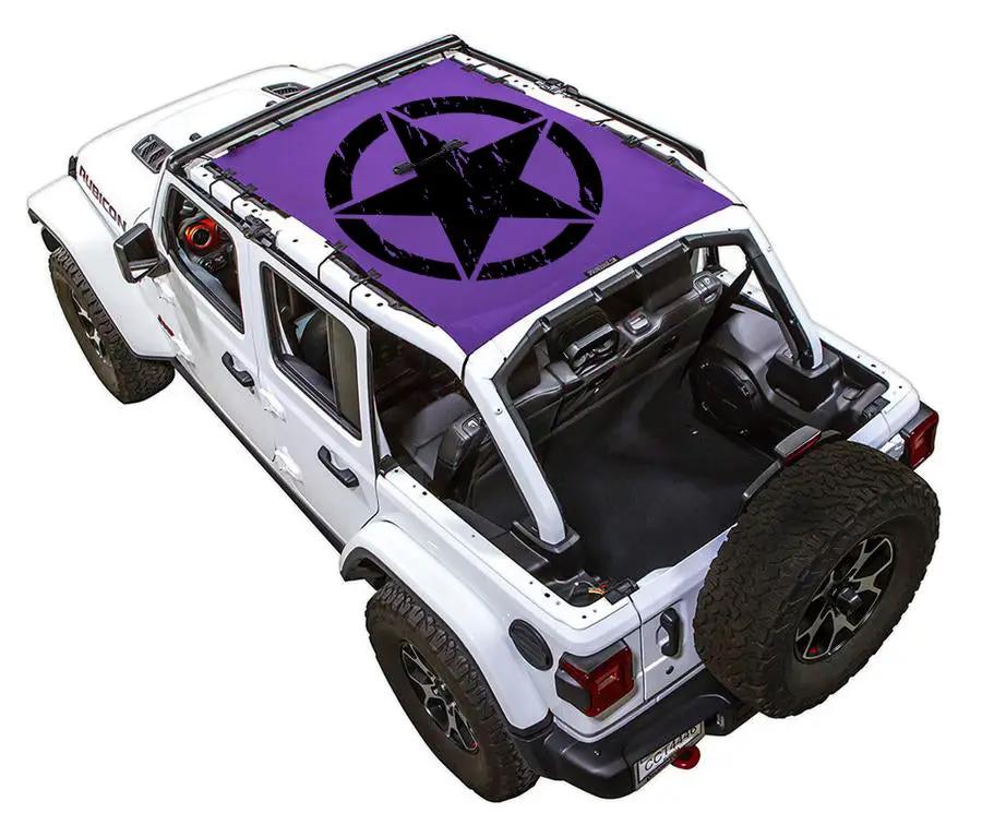 Sun Shade for Jeep Wrangler JLU 4-Door by SpiderWebShade, purple top with black star graphic