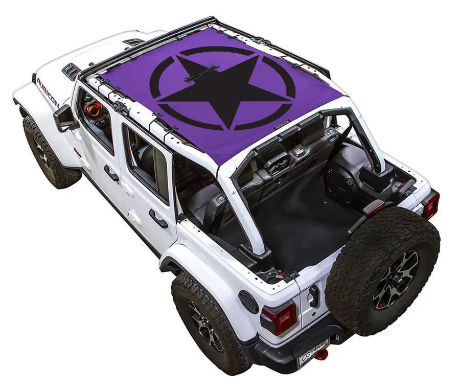 Sun Shade for Jeep Wrangler JLU 4-Door by SPIDERWEBSHADE; purple printed roof shade with black star logo.
