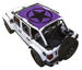 Sun Shade for Jeep Wrangler JLU 4-Door by SPIDERWEBSHADE; purple printed roof shade with black star logo.