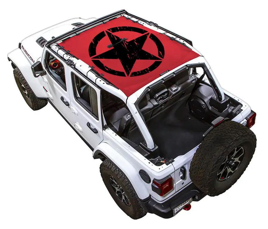 SPIDERWEBSHADE sun shade for Jeep Wrangler JLU 4-Door; red top with black star emblem