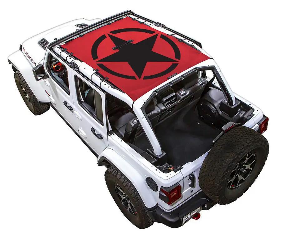 Sun shade for Jeep Wrangler JLU 4-Door by SpiderWebShade; red stock printed shade top with black star logo