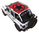 Sun shade for Jeep Wrangler JLU 4-Door by SpiderWebShade; red stock printed shade top with black star logo