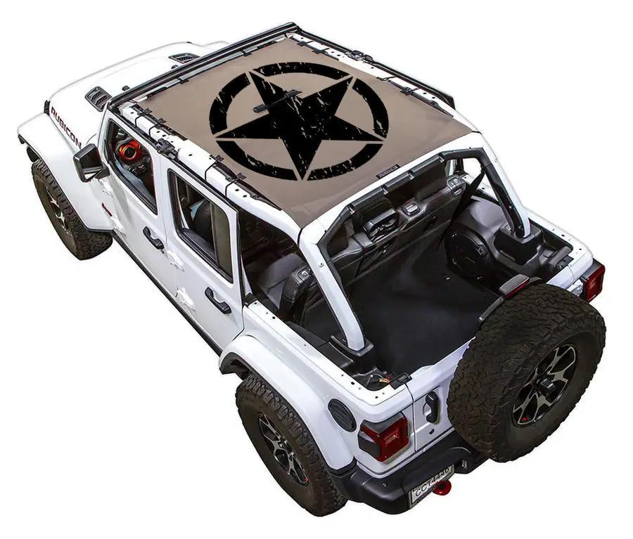 Sun Shade top by SpiderWebShade for Jeep Wrangler JLU 4-Door on white SUV with beige shade