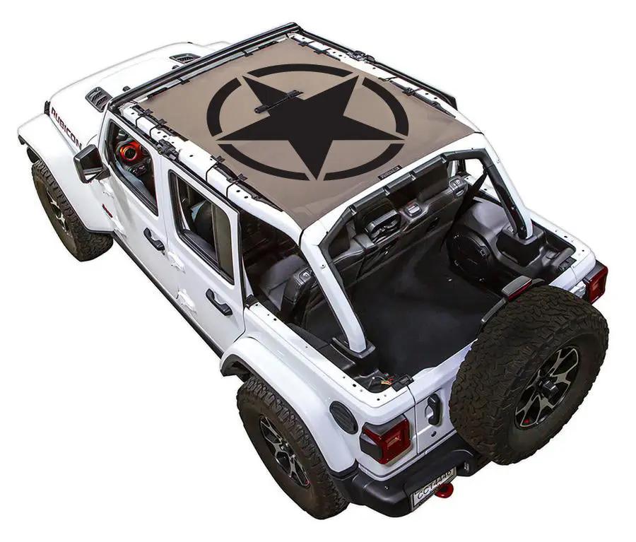 Sun shade top for Jeep Wrangler JLU 4-Door by SpiderWebShade; tan printed shade with black star logo.