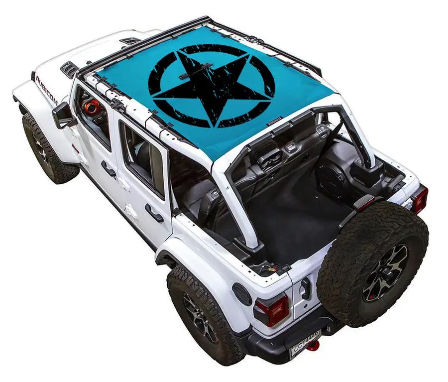 Sun shade for Jeep Wrangler JLU 4-Door, SPIDERWEBSHADE turquoise print with black star logo