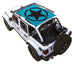 SpiderWebShade sun shade top for Jeep Wrangler JLU 4-Door, blue with black star logo installed on a white Jeep.