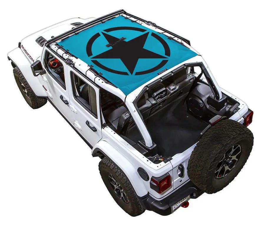 SpiderWebShade sun shade top for Jeep Wrangler JLU 4-Door, blue with black star logo installed on a white Jeep.