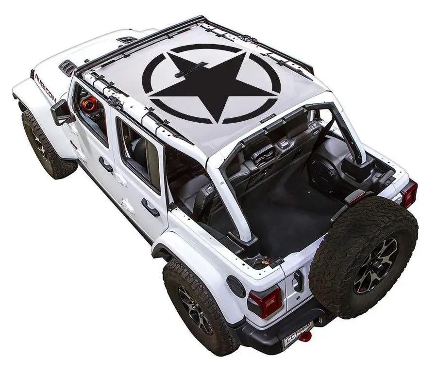 Sun Shade for Jeep Wrangler JLU 4-Door by SpiderWebShade; white Wrangler with stock printed shade top star logo