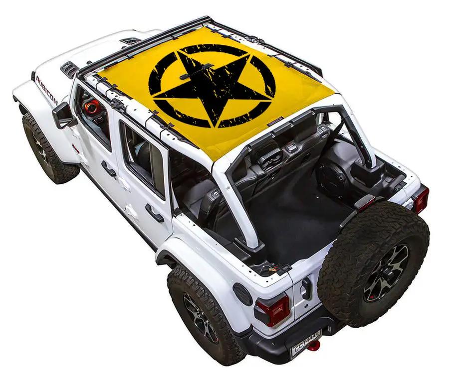 SPIDERWEBSHADE sun shade for Jeep Wrangler JLU 4-Door, yellow stock printed top with black star logo.