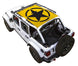 Sun shade for Jeep Wrangler JLU 4-Door by SPIDERWEBSHADE; yellow printed top with black star emblem.