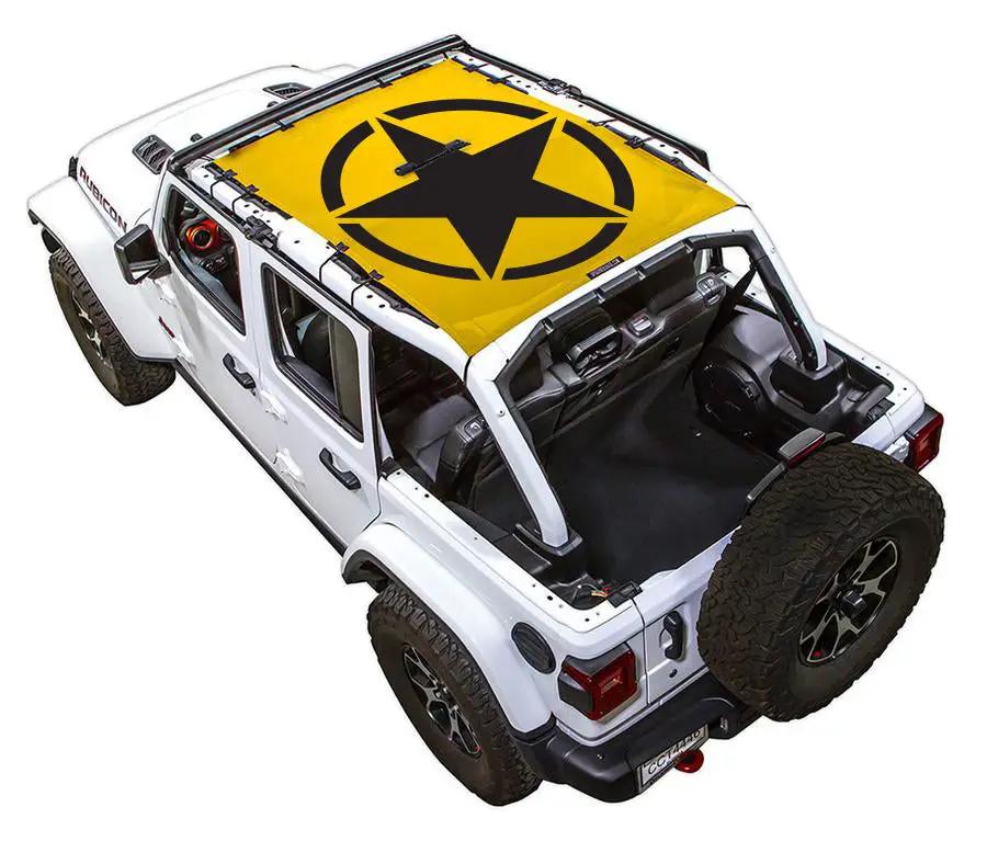 Sun shade for Jeep Wrangler JLU 4-Door by SPIDERWEBSHADE; yellow printed top with black star emblem.