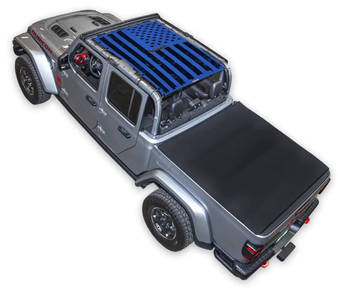 Sun shade for Jeep Gladiator JT by SpiderWebShade, blue American flag print.