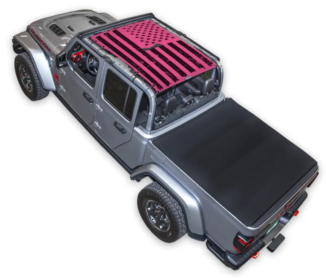 Sun shade top for Jeep Gladiator JT by SpiderWebShade, pink printed flag design