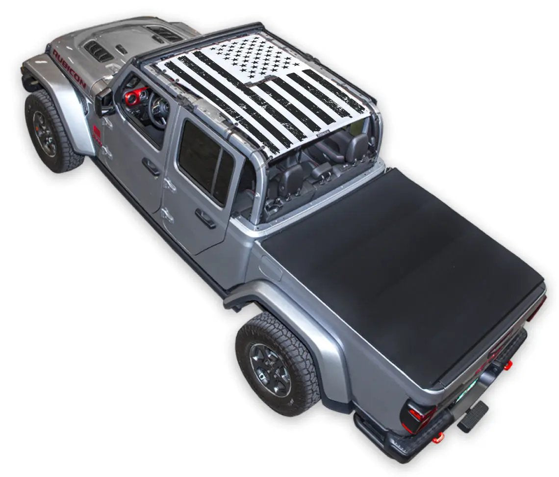 Sun shade for Jeep Gladiator JT by SPIDERWEBSHADE, stock printed flag top in black and white.