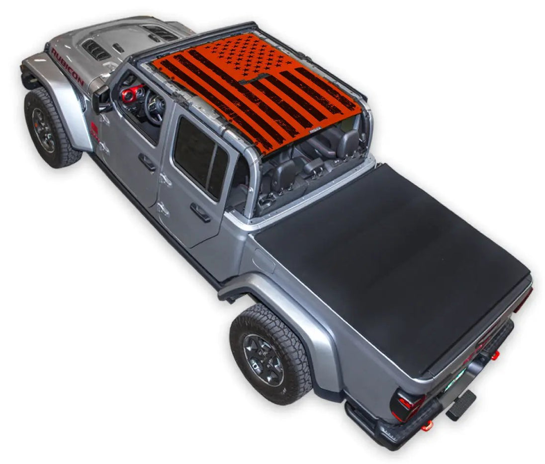 Sun shade for Jeep Gladiator JT by SpiderWebShade; orange and black flag-print top.