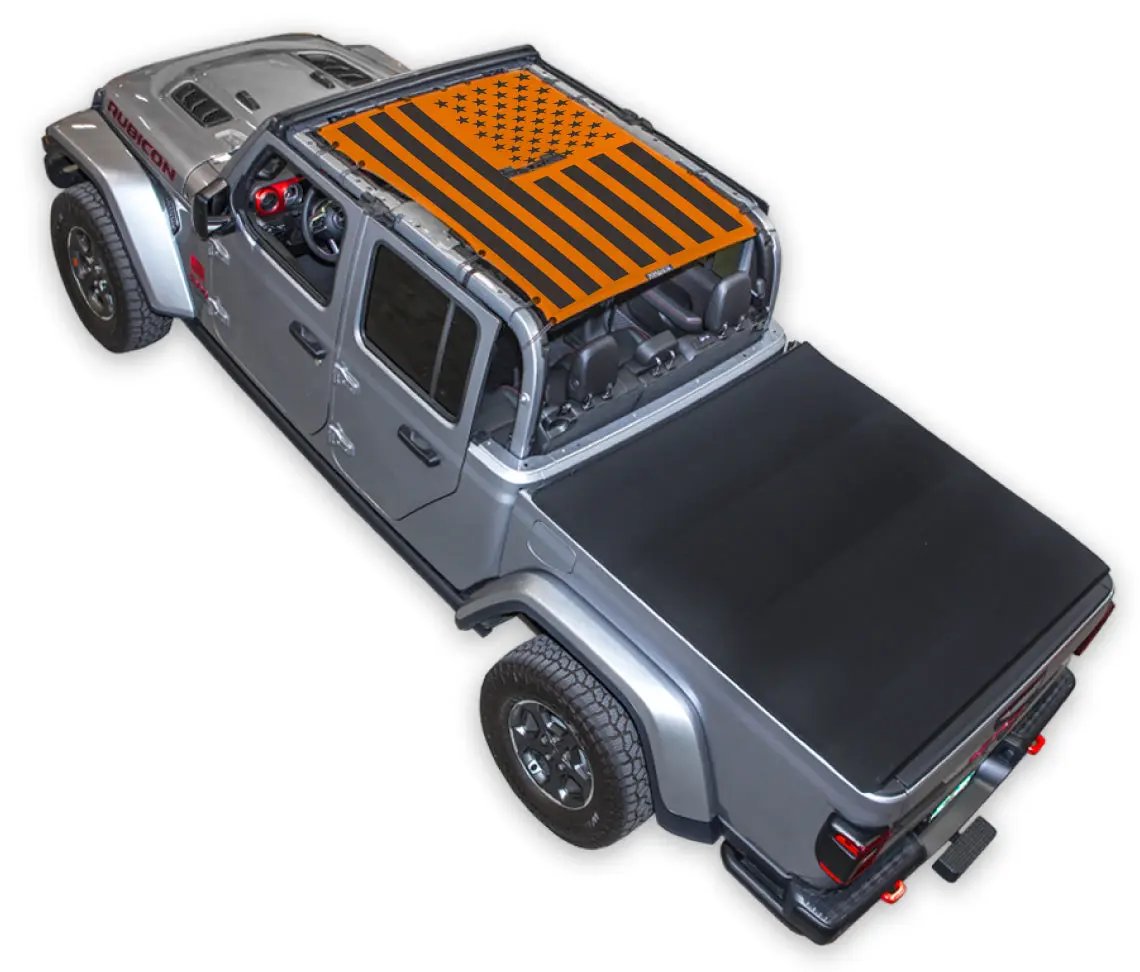 Sun shade top for Jeep Gladiator JT by SpiderWebShade, orange stock print with black flag-style design over cab