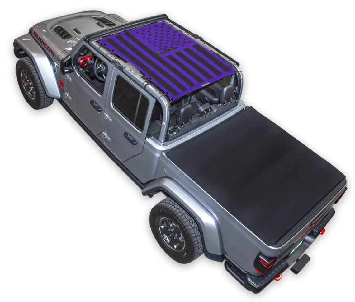 Jeep Gladiator JT sun shade by SpiderWebShade, stock printed top in purple and black.
