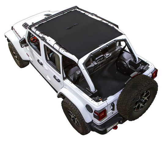 SPIDERWEBSHADE Sunshade for Jeep Wrangler JLU 4-Door, solid color shade top on white Wrangler.