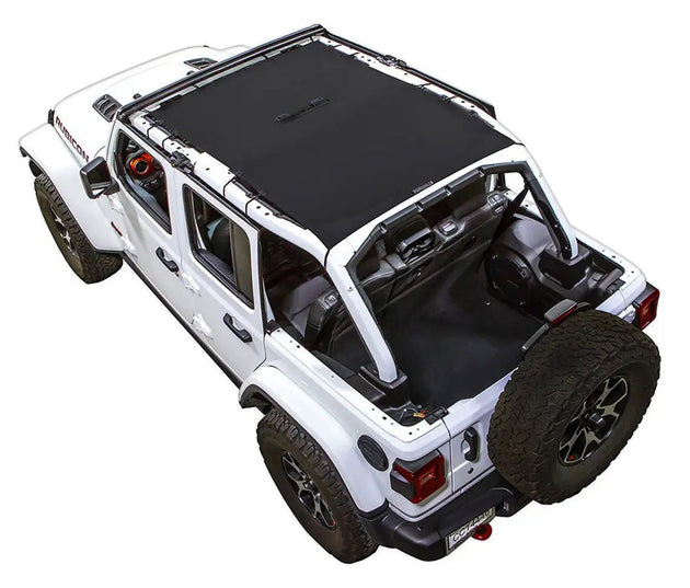SPIDERWEBSHADE Sunshade for Jeep Wrangler JLU 4-Door, solid color shade top on white Wrangler.