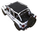 SPIDERWEBSHADE Sunshade for Jeep Wrangler JLU 4-Door, solid color shade top on white Wrangler.