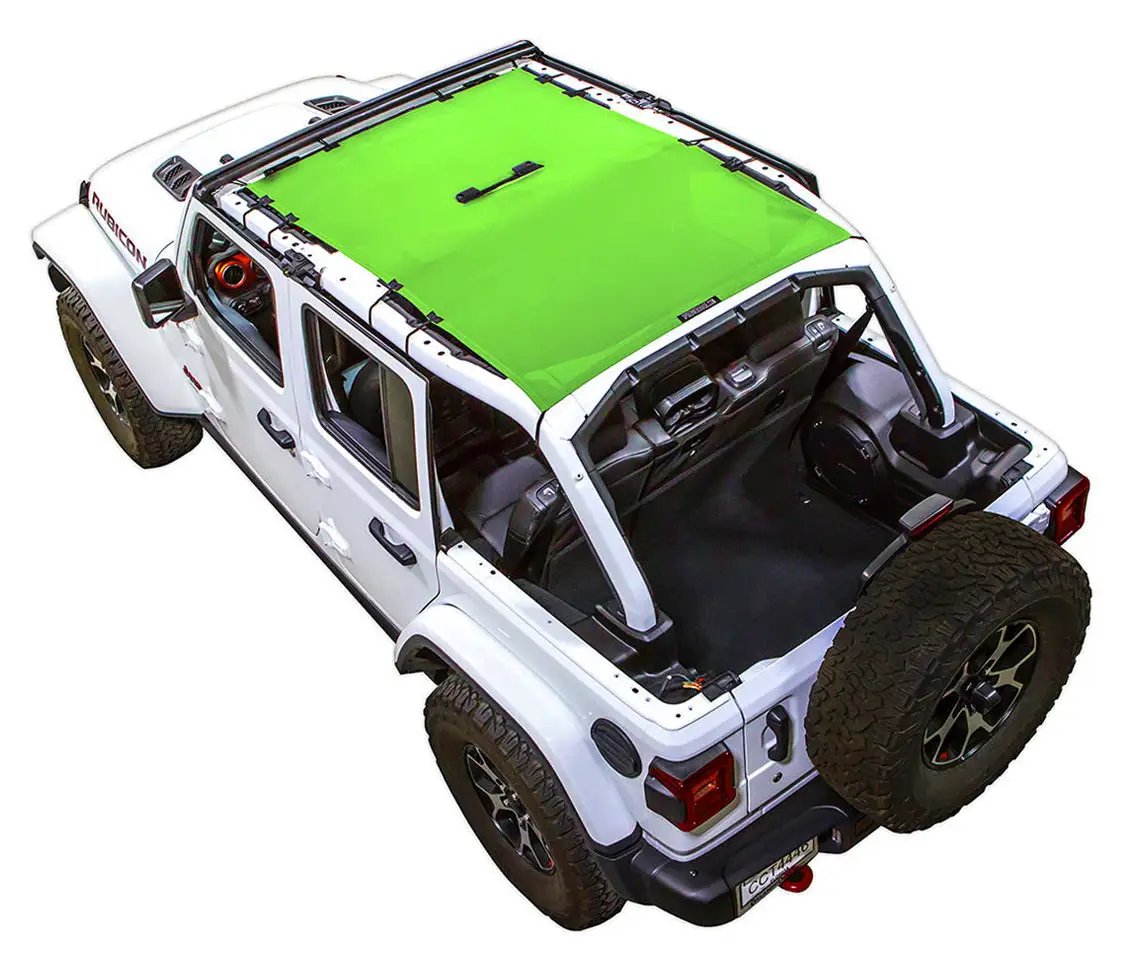 Sun shade for Jeep Wrangler JLU 4-Door by SpiderWebShade; neon green solid shade top on white 2018–2026 Wrangler.