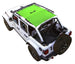 Sun shade for Jeep Wrangler JLU 4-Door by SpiderWebShade; neon green solid shade top on white 2018–2026 Wrangler.
